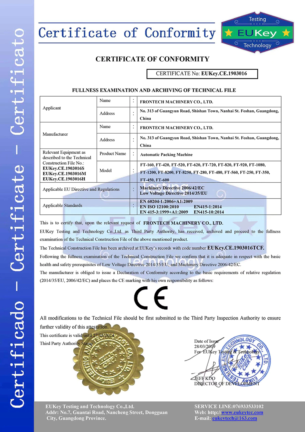 CE Directive Compliance Certificate - XinTu Machinery Co., Ltd.